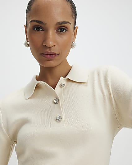 Cream Polo Embellished Button Top