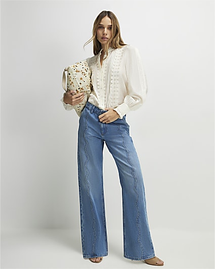 Blue Relaxed Straight Scallop Seam Jeans