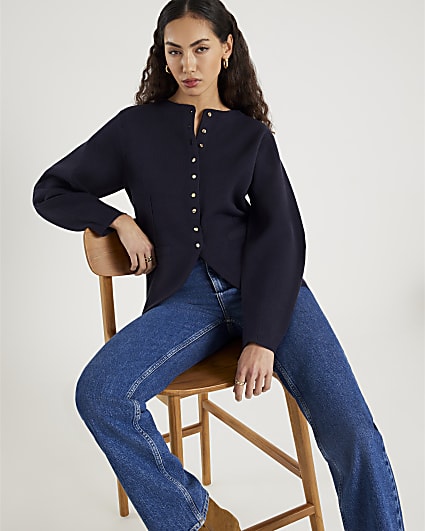 Navy Knitted Long Sleeve Structured Cardigan
