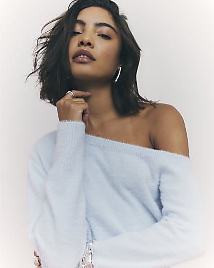 Blue Long Sleeve Asymmetric Fluffy Top