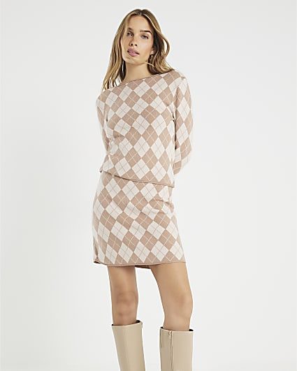 Beige Knitted Argyle Mini Skirt