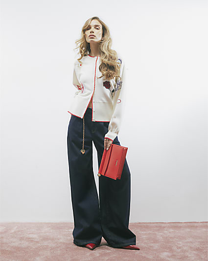 Cream Knitted Embroidered Heart Cardigan