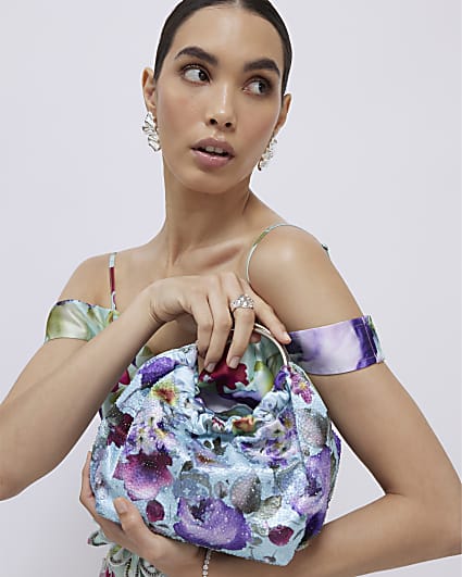 Blue Floral Embellished Grab Top Clutch Bag