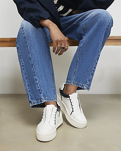 White Scallop Trim Slip On Trainers