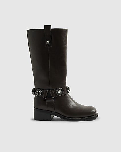 Brown Embellished harness boots
