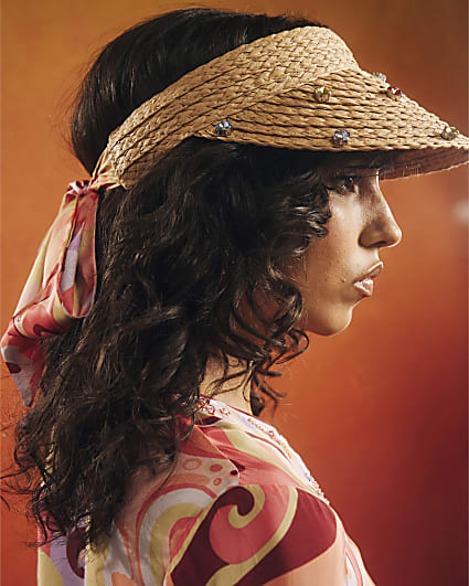 Beige Diamante Scarf Detail Visor Hat