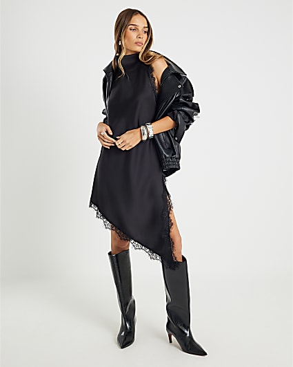 Black Sleeveless Longline Lace Trim Dress