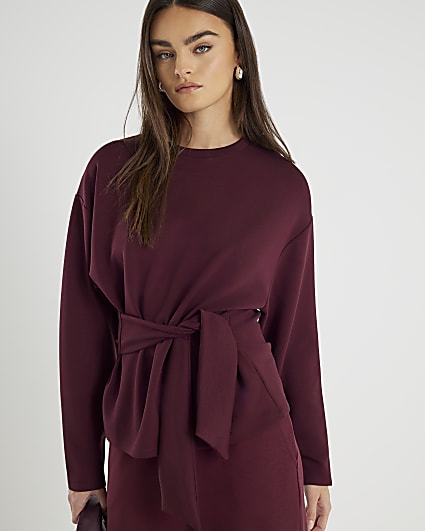 Red Premium Long Sleeve Tie Front Top