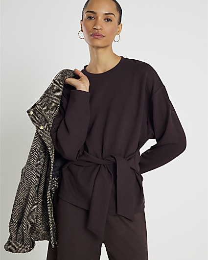 Brown Premium Long Sleeve Tie Front Top