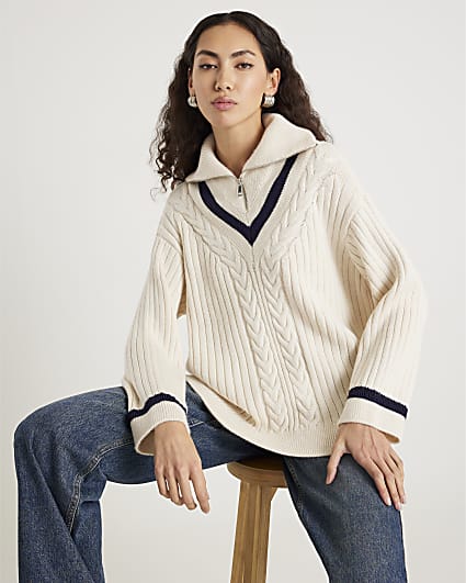 Cream Knitted Stripe detail zip Up Jumper