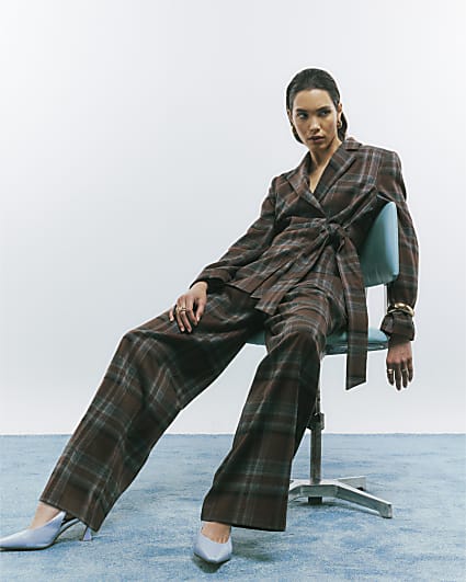 Brown Check Wide Leg Trousers