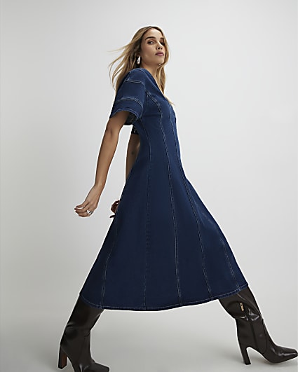 Blue Denim Short Sleeve Seamed Midi Dress