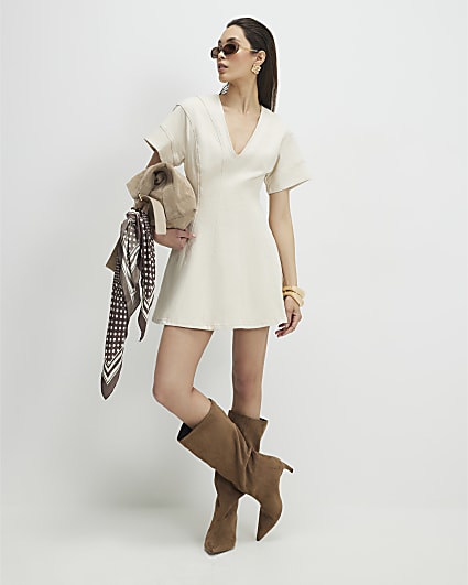 Cream Seamed Short Sleeve Denim Dress