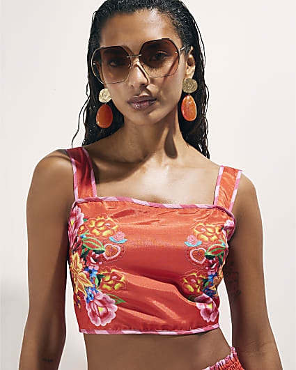 Red Floral Print Crop Top