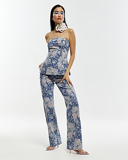 Blue Floral Relaxed Straight Jeans