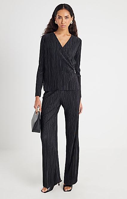 Black Plisse Wide Leg Trousers