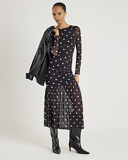 Black Ruched Spot Mesh Midi Dress