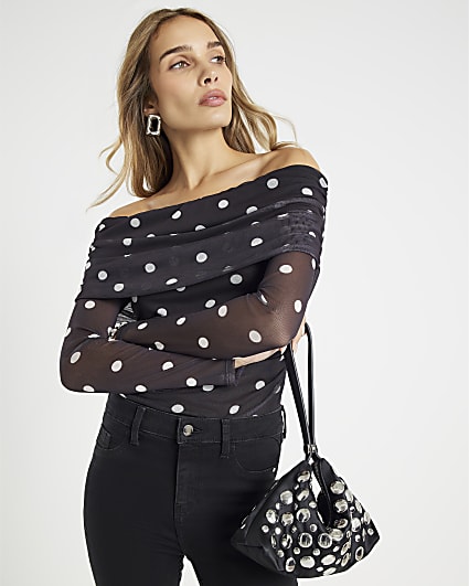 Black Mesh Spot Print Bardot Bodysuit