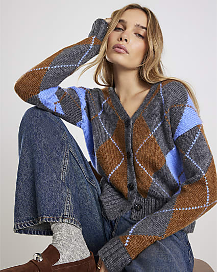 Grey Knitted V Neck Argyle Print Cardigan