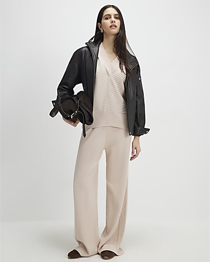 Cream Wide leg Knitted Rib Trousers