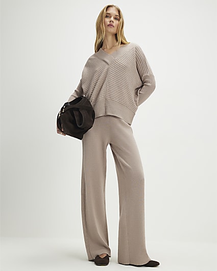 Beige Knitted Wide Leg Ribbed Trousers