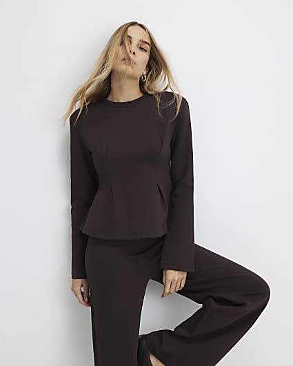 Brown Long Sleeve Corset Detail Top
