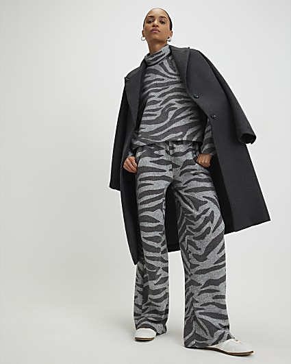 Grey Cosy Zebra Print Wide Leg Trousers