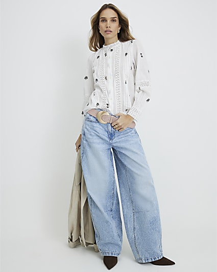 White Floral Embroidered Shirt