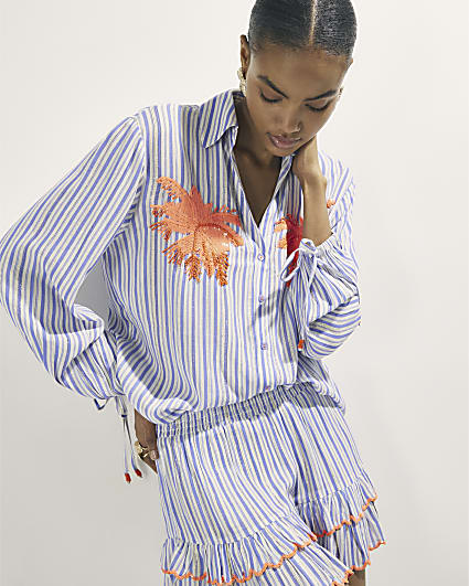 White Striped Embellished Palm Beach Shirt