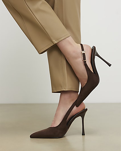 Brown Faux Suede Sling Back Court Heels