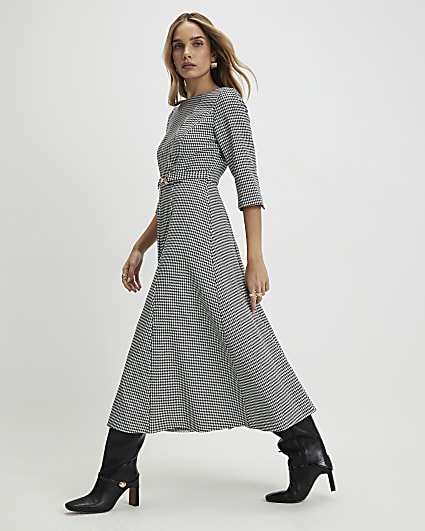 Black Dogtooth Print Belted Midi Dress