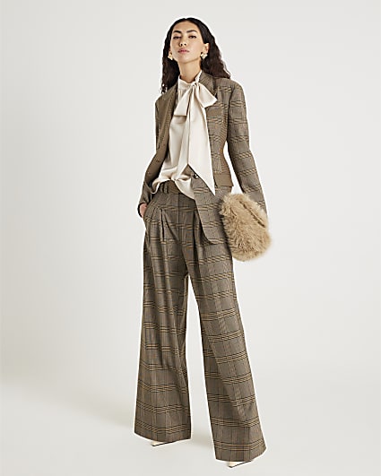 Brown Check Print Wide Leg Trousers