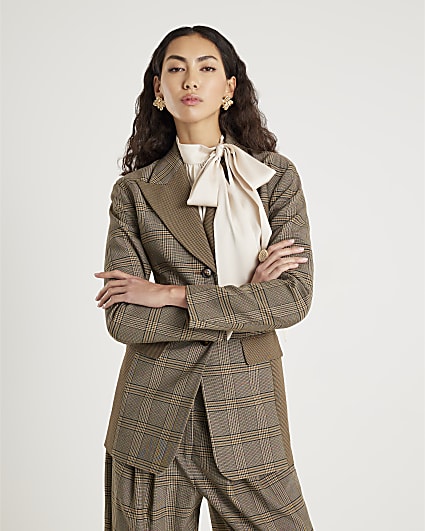 Brown Check Print Fitted Waist Blazer