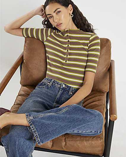 Brown Striped Short Sleeve Ribbed Top