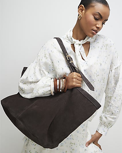 Brown Buckle Handle Suede Shopper Bag
