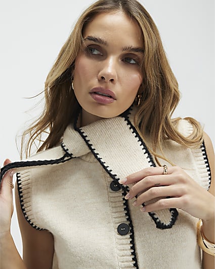 Cream Knitted Tie Neck Waistcoat