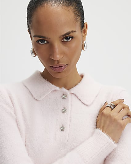 Pink Long Sleeve Fluffy Polo Top