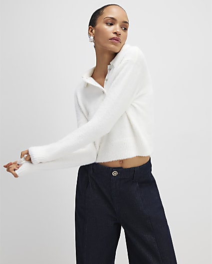 White Fluffy Knit Polo Top