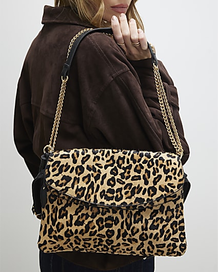 Brown Pony Hair Leopard Print Shoulder Bag