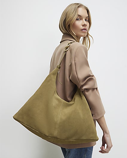 Khaki Suede Chain Link Handle Shoulder Bag