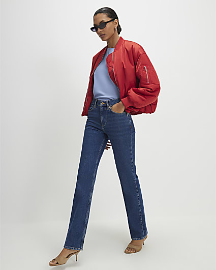 Red Oversized Ruched Hem Bomber Jacket