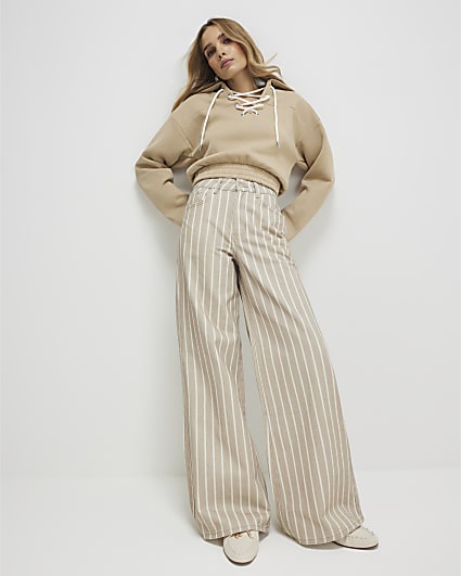 Beige Stripe Wide Leg Jeans