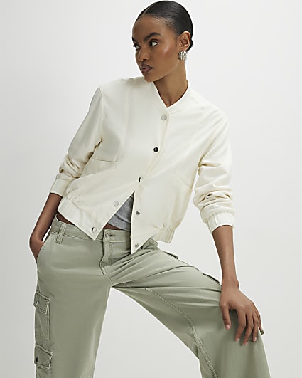 Cream Linen Bomber Jacket