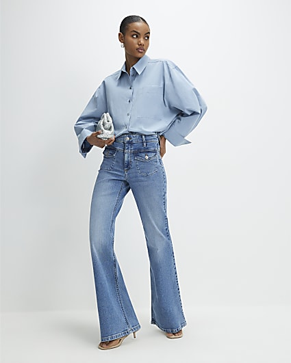 Blue High Waisted Relaxed Flare Jeans