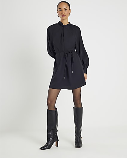 Black Long Sleeve Twist Neck Mini Dress