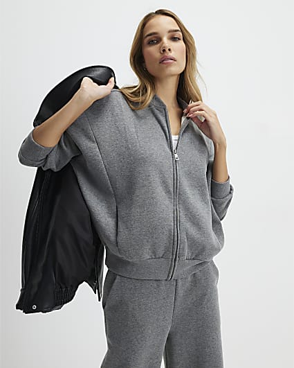 Grey Long Sleeve Zip Up Bomber Sweatshirt