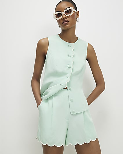 Green Linen Blend Scallop Trim Shorts