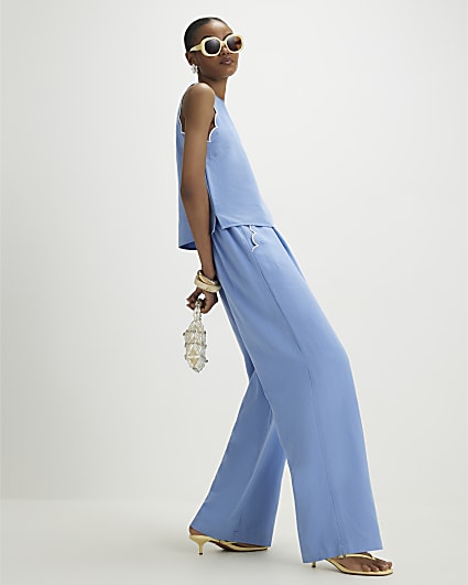 Blue Scallop Trim Wide Leg Trousers