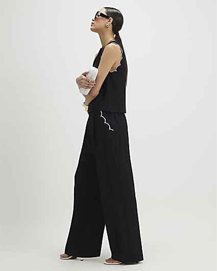 Black Linen Blend Wide Leg Trousers