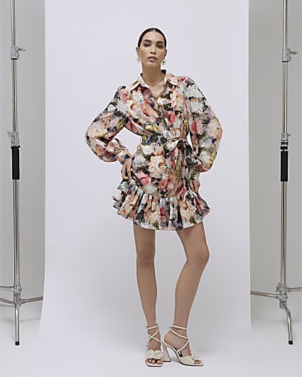 Pink Floral Mini Shirt Dress